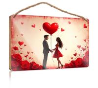 Hanging Decor Sign A Couple Holding Hands with A Heart-Shaped Balloon Surrounded by Red Roses Patio Decorations Outdoor Gifts for Husbands(23X35CM)
