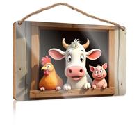 Hanging Decor Sign A Cow Chicken And Pig Look Out From A Barn Window Wooded Sign Outdoor Wood Plaque Porch Signs Front Porch Signs(15X28CM)