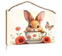 Hanging Decor Sign A Cute Bunny in A Floral Teacup Surrounded by Vibrant Orange Flowers Patio Decorations Outdoor Gifts for Husbands(15X28CM)