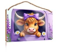 Hanging Decor Sign A Cute Cow with A Purple Bow is Peeking Out of A Window, Surrounded by Flowers Patio Decorations Outdoor Gifts for Husbands(20X30CM)