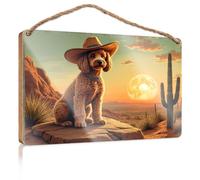 Hanging Decor Sign A Dog in A Cowboy Hat Sits On A Rock with A Desert Landscape and A Large Moon in The Background Patio Decorations Outdoor Gifts for Husbands(20X30CM)