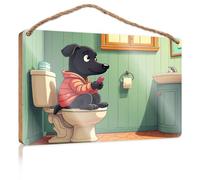 Hanging Decor Sign A Dog Wearing A Red Jacket Sits On A Toilet Using A Smartphone Wood Kitchen Decor Front Door Decor(15X28CM)