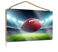 Hanging Decor Sign A Football in Mid-air On A Brightly Lit Stadium Field Patio Decorations Outdoor Gifts for Husbands(15X28CM)