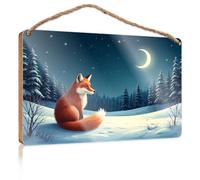 Hanging Decor Sign A Fox Sits in A Snowy Forest Under A Crescent Moon Patio Decorations Outdoor Gifts for Husbands(15X28CM)