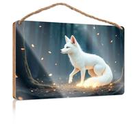 Hanging Decor Sign A Glowing White Fox Stands in A Mystical Forest Wood Kitchen Decor Front Door Decor(20X30CM)