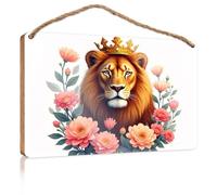 Hanging Decor Sign A Majestic Lion Adorned with A Crown, Surrounded by Vibrant Flowers Patio Decorations Outdoor Gifts for Husbands(23X35CM)