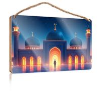 Hanging Decor Sign A Person Stands in Front of an Illuminated Mosque At Night Patio Decorations Outdoor Gifts for Husbands(23X35CM)