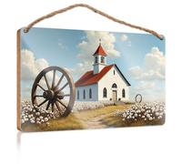 Hanging Decor Sign A Quaint White Church with A Red Roof Stands Amidst Blooming Cotton Fields Patio Decorations Outdoor Gifts for Husbands(23X35CM)