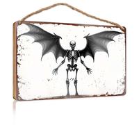 Hanging Decor Sign A Skeleton with Bat Wings Patio Decorations Outdoor Gifts for Husbands(20X30CM)