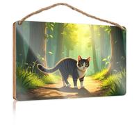 Hanging Decor Sign A Striped Cat Walks Along A Forest Path Patio Decorations Outdoor Gifts for Husbands(20X30CM)