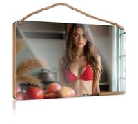 Hanging Decor Sign A Woman in A Red Bikini Top Stands in A Kitchen with Apples On The Counter Wood Kitchen Decor Front Door Decor(15X28CM)