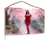 Hanging Decor Sign A Woman in A Red Dress Stands by A Cherry Blossom-Lined Path Patio Decorations Outdoor Gifts for Husbands(15X28CM)
