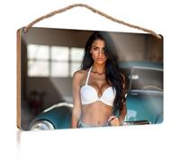 Hanging Decor Sign A Woman in A White Bra Standing Next to A Classic Car Patio Decorations Outdoor Gifts for Husbands(20X30CM)