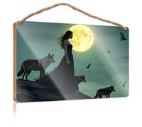 Hanging Decor Sign A Woman Stands with Wolves Under A Full Moon Wood Kitchen Decor Front Door Decor(20X30CM)