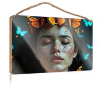 Hanging Decor Sign A Woman with Cracked Skin Adorned by Butterflies Wood Kitchen Decor Front Door Decor(15X28CM)