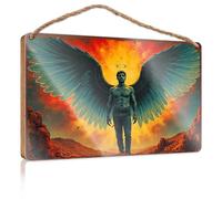 Hanging Decor Sign Angel With Black Wings Standing In Front Of Fiery Sky Wooded Sign Gifts For The Office Hanging Pantry Sign Decor(20X30CM)