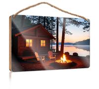 Hanging Decor Sign Cabin by The Lake with A Campfire At Sunset Wood Kitchen Decor Front Door Decor(23X35CM)