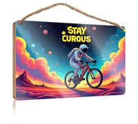 Hanging Decor Sign Curious Astronaut Cycling Through Colorful Landscape Patio Decorations Outdoor Gifts for Husbands(15X28CM)