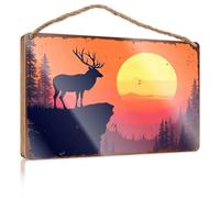 Hanging Decor Sign Elk Silhouette Against A Vibrant Sunset Backdrop Patio Decorations Outdoor Gifts for Husbands(15X28CM)