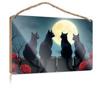 Hanging Decor Sign Four Black Cats Sit On A Fence, Gazing At A Full Moon Patio Decorations Outdoor Gifts for Husbands(23X35CM)