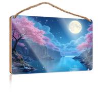Hanging Decor Sign Full Moon Over Serene Lake With Cherry Blossoms Wooden Sign Bathroom Wood Hanging Sign Funny Man Cave Signs(15X28CM)