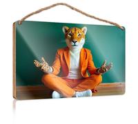 Hanging Decor Sign Orange Tiger in an Suit Wood Kitchen Decor Front Door Decor(20X30CM)