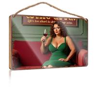 Hanging Decor Sign Plus-Size Model In Green Dress Enjoying Red Wine On Vintage Couch Wooded Sign Gifts For The Office Hanging Pantry Sign Decor(20X30CM)