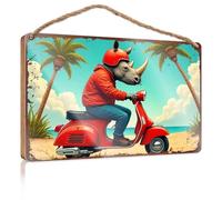 Hanging Decor Sign Rhinoceros Riding A Red Scooter On A Tropical Beach Patio Decorations Outdoor Gifts for Husbands(23X35CM)