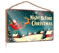Hanging Decor Sign Santa Claus Flies On His Sleigh with Reindeer Over A Snowy Village Patio Decorations Outdoor Gifts for Husbands(15X28CM)