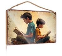Hanging Decor Sign Two Boys Reading Books Together Patio Decorations Outdoor Gifts for Husbands(15X28CM)