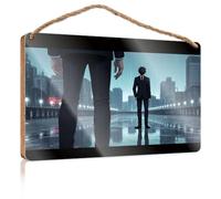 Hanging Decor Sign Two Suited Figures Stand Facing Each Other in A Rain-Soaked Cityscape Patio Decorations Outdoor Gifts for Husbands(15X28CM)