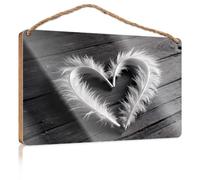 Hanging Decor Sign Two White Feathers Form A Heart Shape Patio Decorations Outdoor Gifts for Husbands(20X30CM)