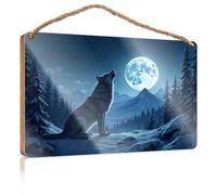 Hanging Decor Sign Wolf Howling At The Full Moon in A Snowy Landscape Patio Decorations Outdoor Gifts for Husbands(20X30CM)
