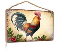 Hanging Decor Wood A Colorful Rooster Stands Amidst Berries and Greenery Wooded Sign Farm House Decorations Gifts for The Office(20X30CM)