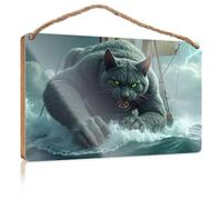 Hanging Decor Wood A Giant Cat is Attacking A Ship in A Stormy Sea Wooded Sign Farm House Decorations Gifts for The Office(23X35CM)