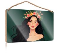 Hanging Decor Wood A Woman with Long Black Hair Adorned with A Floral Crown Wooded Sign Farm House Decorations Gifts for The Office(20X30CM)