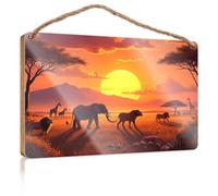 Hanging Decor Wood African Savannah at Sunset with Elephants, Lions, Giraffes, and Flamingos Wooded Sign Farm House Decorations Gifts for The Office(15X28CM)