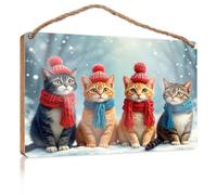 Hanging Decor Wood Four Cats Wearing Winter Hats and Scarves Wooded Sign Farm House Decorations Gifts for The Office(20X30CM)