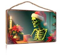 Hanging Door Decor Christmas Skeleton Enjoying Hot Chocolate With Poinsettia Wooded Sign Funny Signs For Bathroom Front Door Sign Plaque(15X28CM)