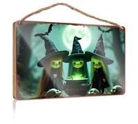 Hanging Door Decor Halloween Night: Three Witches Brew Under The Full Moon Wooded Sign Funny Signs For Bathroom Front Door Sign Plaque(23X35CM)