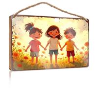 Hanging Door Decor Happy Children In A Field Of Flowers At Sunset Wooded Sign Funny Signs For Bathroom Front Door Sign Plaque(20X30CM)