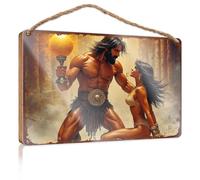 Hanging Door Decor Muscular Warrior With Golden Globe And Woman In Ancient Setting Wooded Sign Funny Signs For Bathroom Front Door Sign Plaque(20X30CM)