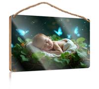 Hanging Door Sign Plaque A Baby Sleeping Peacefully in A Nest Surrounded by Glowing Butterflies Home Office Door Signs Funny Funny Bathroom Signs(23X35CM)