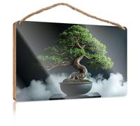 Hanging Door Sign Plaque A Bonsai Tree in A Black Pot with Smoke-Like Clouds Around It Porch Funny Signs Backyard Decor(20X30CM)