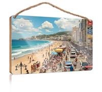 Hanging Door Sign Plaque A Bustling Beach Scene with People Enjoying The Sun, Sand, and Sea Wooded Sign Room Decor for Men Farmhouse Table Decor(20X30CM)