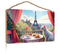 Hanging Door Sign Plaque A Cat Enjoys A Cozy Breakfast with A View of The Eiffel Tower Home Office Door Signs Funny Funny Bathroom Signs(15X28CM)