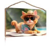 Hanging Door Sign Plaque A Cat Wearing Sunglasses and A Straw Hat Home Office Door Signs Funny Funny Bathroom Signs(23X35CM)