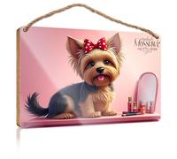 Hanging Door Sign Plaque A Cute Dog with A Red Bow Sits On A Vanity Table Porch Funny Signs Backyard Decor(20X30CM)
