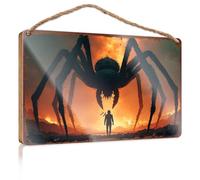 Hanging Door Sign Plaque A Man Confronts A Giant Spider in A Fiery Landscape Home Office Door Signs Funny Funny Bathroom Signs(15X28CM)