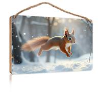 Hanging Door Sign Plaque A Squirrel Leaps Gracefully in A Snowy Forest Porch Funny Signs Backyard Decor(23X35CM)